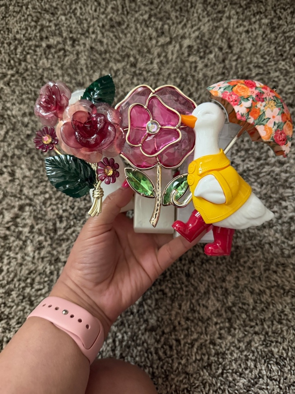 Bath & Body Works Pink Floral Duck Figurine with Yellow Coat & Floral Umbrella